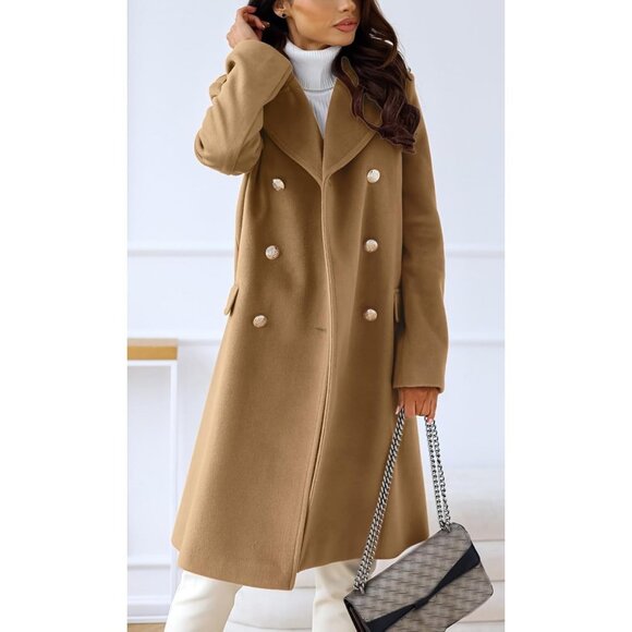 Women's Camel Winter Lapel Double Breasted Office Work Long Wool Pea Coat - Picture 2 of 5